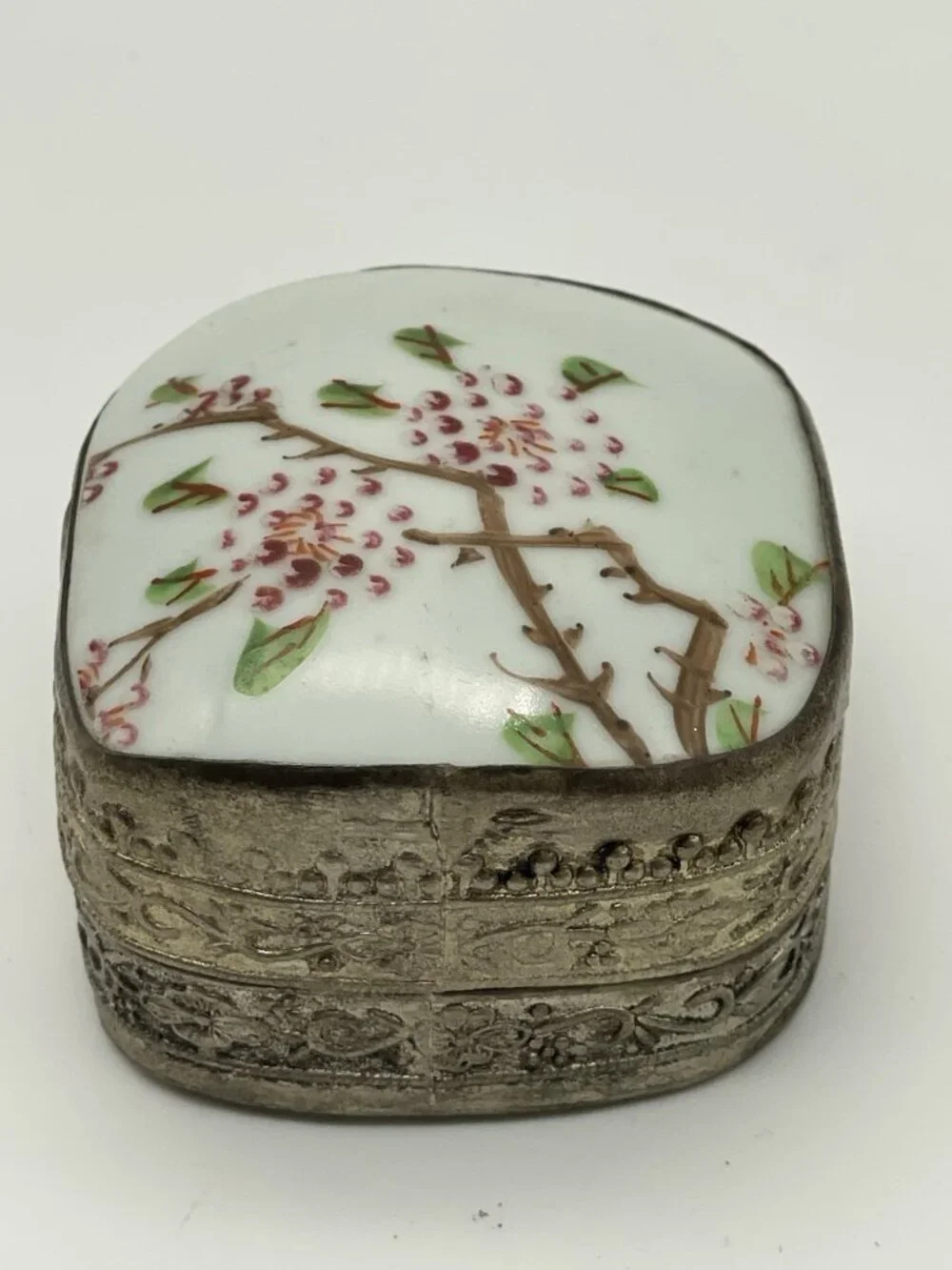 Vintage Chinese Porcelain Shard Trinket Box Tree Branch Floral Print